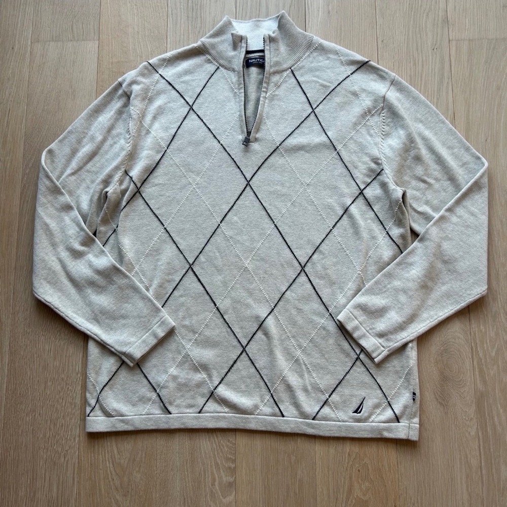 Nautica‎ Mens Beige Argyle Quarter Zip Sweater Mock Neck Knit Pullover XL